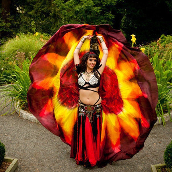 Large Half circle belly dance silk veil Black Dragon flower design