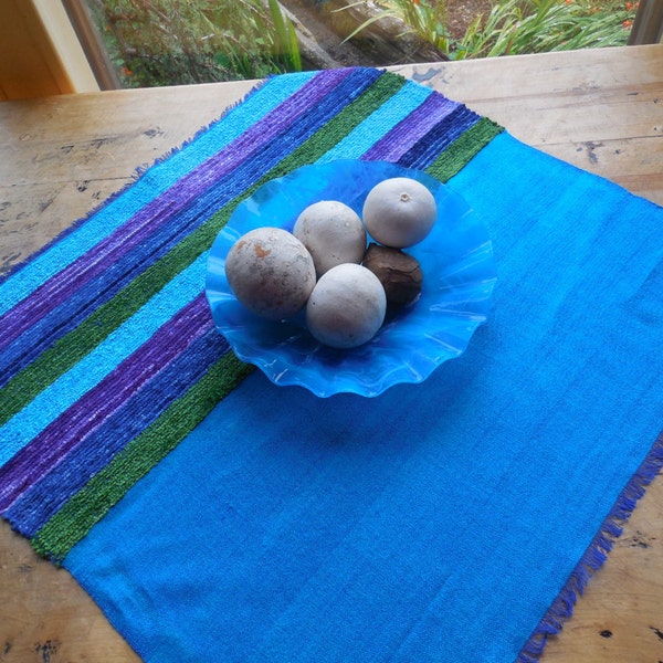 20% Sale, Coupon Code 47474.  Handwoven Tablemat in Shades of Blue, Purple and Green