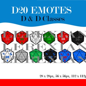 Puede incluir: Ocho dados de 20 caras, o D20, en diferentes colores, incluyendo rojo, verde, negro, azul y gris. Los dados están dispuestos en dos filas de cuatro. El texto "D20 EMOTES D & D Classes" está en la parte superior de la imagen. El texto "28 x 28px, 56 x 56px, 112 x 112px." está en la parte inferior de la imagen.