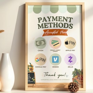 Puede incluir: Un letrero enmarcado titulado PAYMENT METHODS con el texto Accepted Here, que enumera Cash, Credit/Debit Cards, Apple Pay, Google Pay, Venmo y Zelle. La parte inferior incluye Thank you! y SUPPORTING LOCAL MAKES A BIG DIFFERENCE con gráficos florales.