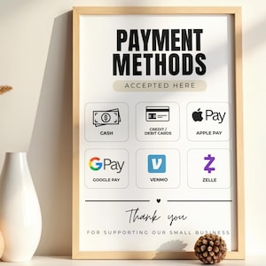 Puede incluir: Un letrero rectangular en un marco de madera clara que muestra el texto PAYMENT METHODS ACCEPTED HERE. Incluye iconos y etiquetas para Cash, Credit/Debit Cards, Apple Pay, Google Pay, Venmo y Zelle, con Thank you for supporting our small business.