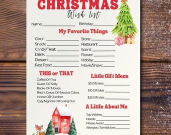 May include: A Christmas wish list printable on cream-colored paper. The title "CHRISTMAS Wish list" is in red. The list includes sections for favorite things, gift ideas, and personal preferences. A watercolor Christmas tree and gifts are in the upper right corner.