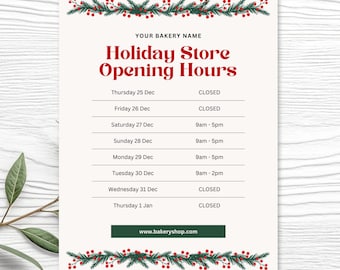 Modèle imprimable de signe des heures fériés | Heures d'ouverture du magasin de Noël | Calendrier des jours fériés | Imprimables 5 x 7, 8 x 10, 8,5 x 11, A4