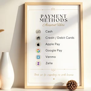 May include: A framed sign with a white background and light wood border displaying the text PAYMENT METHODS Accepted Here. It lists Cash, Credit / Debit Cards, Apple Pay, Google Pay, Venmo, and Zelle with corresponding icons, ending with Thank you for supporting our small business.
