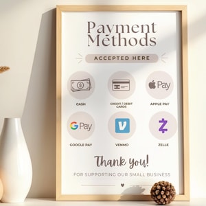May include: A rectangular sign in a light wood frame displaying Payment Methods Accepted Here. It features icons for cash, credit/debit cards, Apple Pay, Google Pay, Venmo, and Zelle. The text Thank you! For supporting our small business is at the bottom.