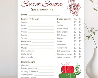 Afdrukbare vragenlijst Geheime kerstman | Inruilformulier kerstcadeau | Vakantieverlanglijst | Pdf direct downloaden