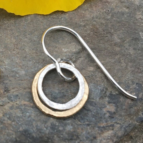 SINGLE EARRING, Tiny Sterling Gold Dangle, Hammered Circle Earring,