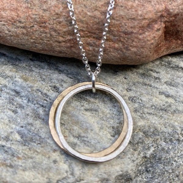 Hammered Sterling Gold Circle Necklace, Silver 14k Gold Filled Circle Pendant, Two Tone Necklace