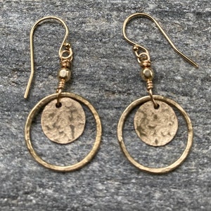 Every Day Gold Dangles, Hammered Circle Earrings, Casual Gold Earrings,  14k Gold Filled Disc Earrings, Lever Back, Hatchback, work dangles