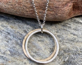 Hammered Sterling Gold Circle Necklace, Silver 14k Gold Filled Circle Pendant, Two Tone Necklace