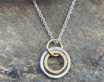 Hammered Sterling Silver Circle Necklace: Two-Tone Gold Filled Pendant