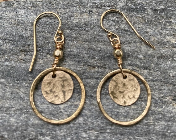 Every Day Gold Dangles, Hammered Circle Earrings, Casual Gold Earrings,  Gold Filled Disc Earrings, Lever Back, Hatchback