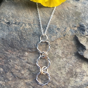 Sterling Triple Circle Pendant, Three Twisted Silver Circle Necklace, Two Tone Everyday Necklace