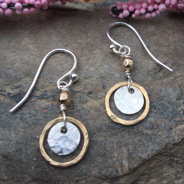 Tiny sterling gold dangles, hammered circle earrings, petite disc, everyday two tone jewelry, leverback, lever back drop. hatchback