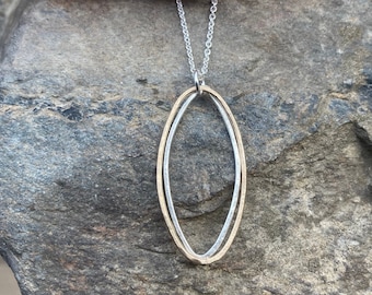 Two Tone Necklace: Sterling Silver & 14k Gold Filled Marquise Pendant