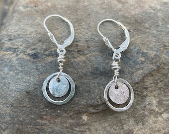 Tiny sterling dangles, hammered circle earrings, petite disc, everyday silver jewelry, lever back drops