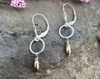 Tiny Hammered Earrings, Silver Gold Dangles, Everyday Jewelry, Lever back drops