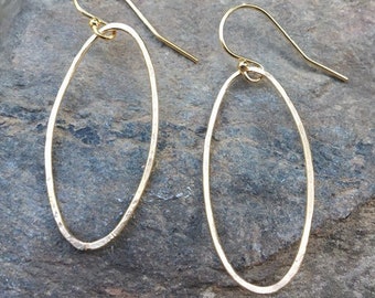 Simple Oval 14k Gold Filled Drop Earrings, Gold Lever back Hammered dangles, Everyday Large Gold Earrings