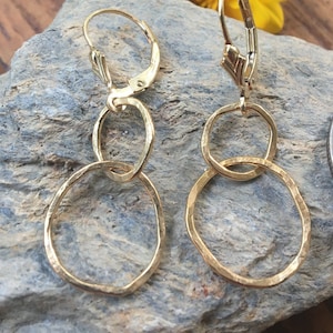 Gold Everyday Earrings, Gold Lever back Earrings, Gold Filled Freeform Circle Dangles