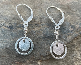 Tiny sterling dangles, hammered circle earrings, petite disc, everyday silver jewelry, lever back drops