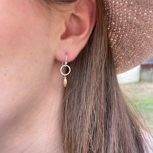 Hammered Silver Earrings, Tiny Sterling Gold Dangles, Everyday Two Tone Lever back Earrings, Petite Drops