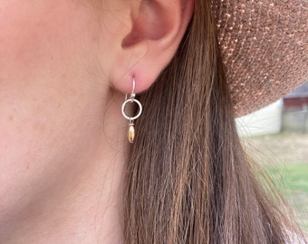 Hammered Silver Earrings, Tiny Sterling Gold Dangles, Everyday Two Tone Lever back Earrings, Petite Drops