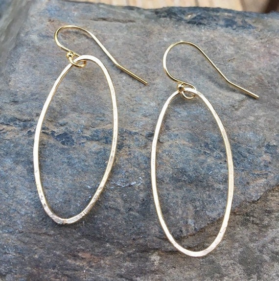 Simple Oval 14k Gold Filled Drop Earrings, Gold Lever back Hammered dangles, Everyday Large Gold Earrings