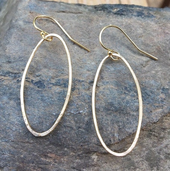 Simple Oval 14k Gold Filled Drop Earrings, Gold Lever back Hammered dangles, Everyday Large Gold Earrings