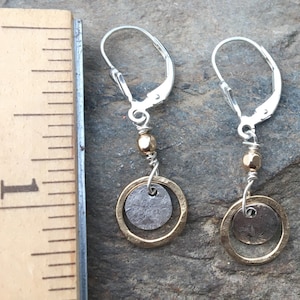 Tiny sterling gold dangles, hammered circle earrings, petite disc, everyday two tone jewelry, leverback, lever back drop. hatchback image 4