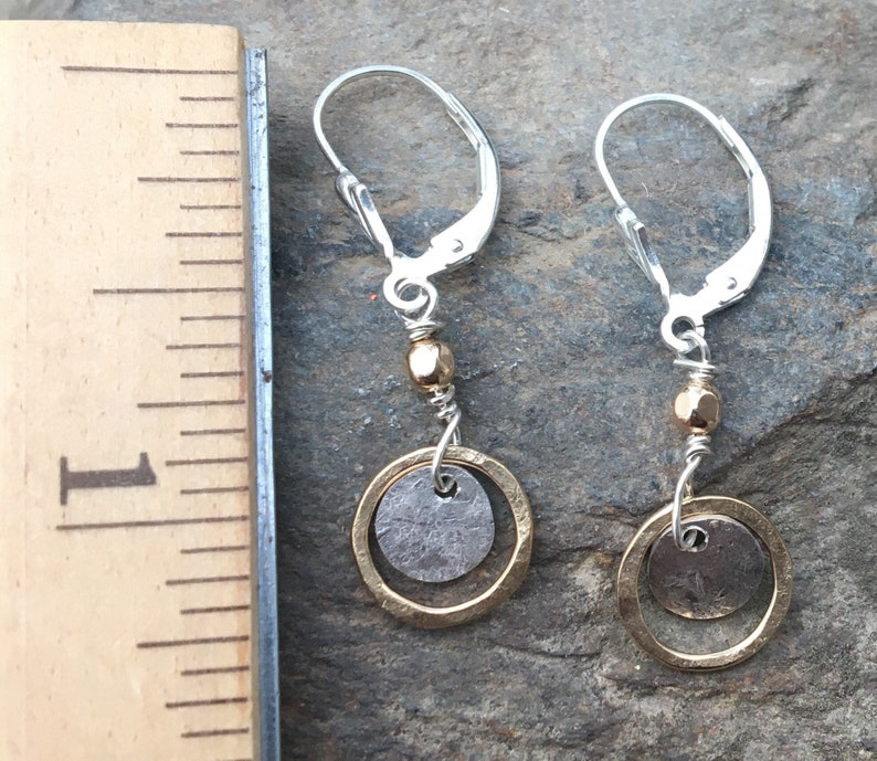 Tiny sterling gold dangles, hammered circle earrings, petite disc, everyday two tone jewelry, leverback, lever back drop. hatchback image 4