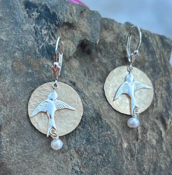 Mixed Metal Pearl Earrings, Gold filled sterling silver bird dangles, Lever back ear wires, Nature lover jewelry, twitcher