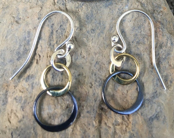 Dainty Gold and Silver Earrings, Tiny Sterling Bronze Dangles, Mixed Metal Earrings, Lever backs