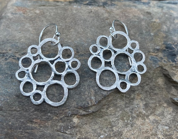 Hammered Freeform Silver Circles Earrings, Sterling Bubbles Earrings, Statement Artisan Earrings, Lever backs