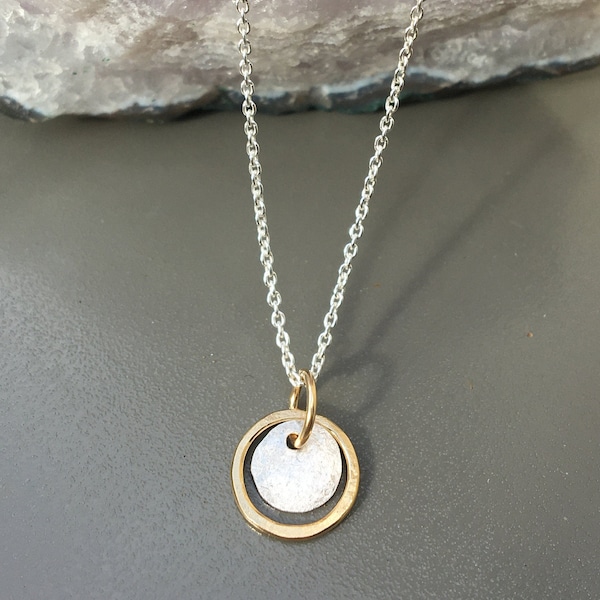 CHARM, Tiny Sterling Gold Filled Hammered Circle Pendant, Simple Mixed Metal Necklace, Silver & Gold Necklace