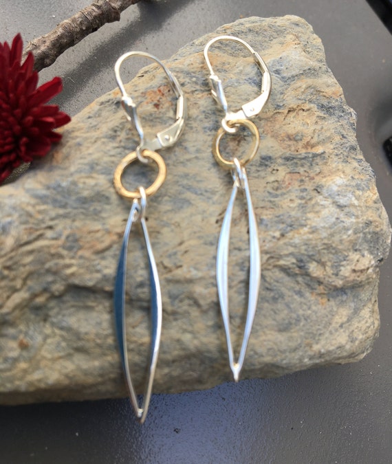 Silver Gold Dangles, Mixed Metal, Everyday Earrings, Two Tone, Lever back, leverbacks