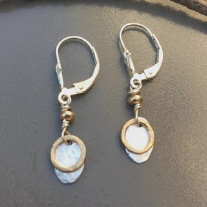 Tiny Hammered Gold Silver Lever Back Earrings, Dainty Sterling Gold Dangles, Small 14k Gold Filled Sterling Earrings