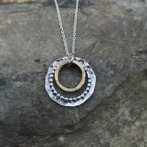 Hammered Gold Filled Sterling Circle Necklace, Gold Silver Everyday Pendant, Two Tone Jewelry