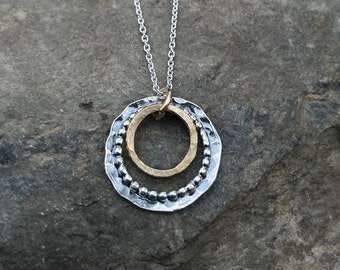 Hammered Gold Filled Sterling Circle Necklace, Gold Silver Everyday Pendant, Two Tone Jewelry