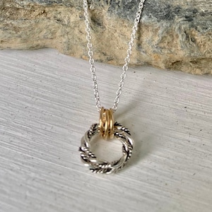 Tiny Silver Gold Twist Circle Necklace, Two Tone Circle Pendant, Sterling 14k Gold Filled Three Circles Necklace