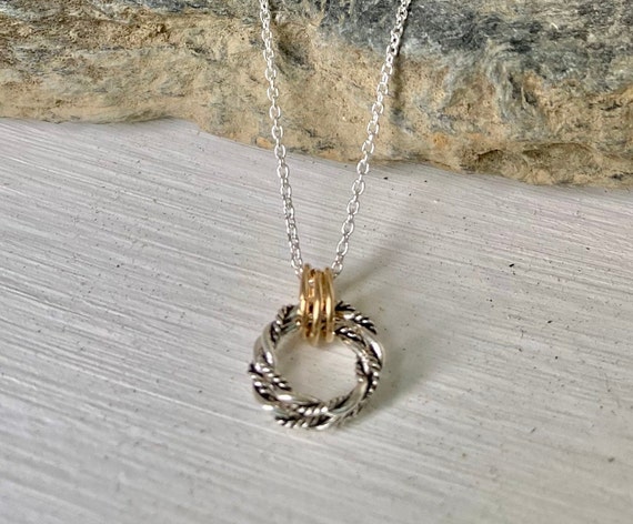 Tiny Silver Gold Twist Circle Necklace, Two Tone Circle Pendant, Sterling 14k Gold Filled Three Circles Necklace