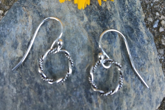 Tiny Sterling Twisted Circle Earrings, Small Silver Circle Dangles, Dainty Silver Everyday Earrings