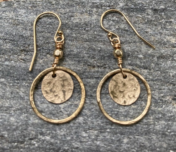 Every Day Gold Dangles, Hammered Circle Earrings, Casual Gold Earrings,  14k Gold Filled Disc Earrings, Lever Back, Hatchback, work dangles