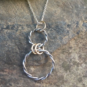 Circle Necklace, Twentieth Birthday Gift for Women, Two Tone Necklace, 14k Sterling Silver Pendant, Interlocking Circle Necklace