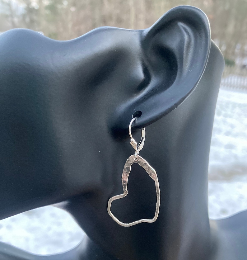 Lever back Large Sterling Earrings Hammered Silver Drops Statement Earrings Silver Heart Dangles Leverback