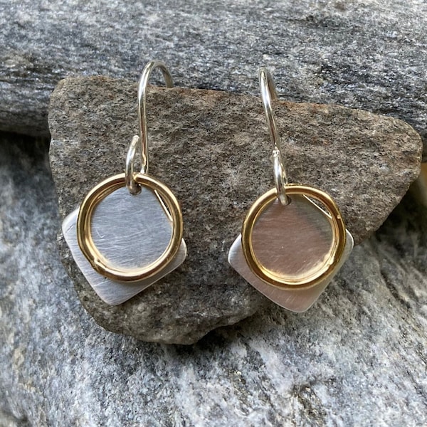 Tiny Sterling Gold Dangles, Hammered Circle Earrings, Dainty Earrings, Everyday Two Tone Jewelry, Simple Sterling Earrings