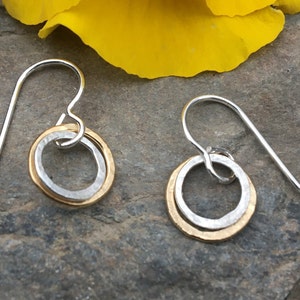 Tiny Sterling Gold Dangles, Hammered Circle Earrings, Dainty Earrings, Everyday Two Tone Jewelry, Simple Sterling Earrings