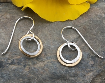 Tiny Sterling Gold Dangles, Hammered Circle Earrings, Dainty Earrings, Everyday Two Tone Jewelry, Simple Sterling Earrings