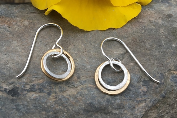 Tiny Sterling Gold Dangles, Hammered Circle Earrings, Dainty Earrings, Everyday Two Tone Jewelry, Simple Sterling Earrings