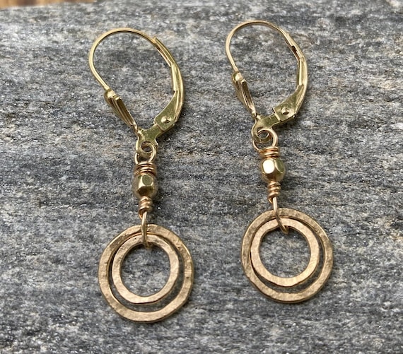 Tiny Gold Dangles, Hammered Circle Earrings, Petite Drops, Everyday Gold Filled Jewelry, Lever Back, Hatchback