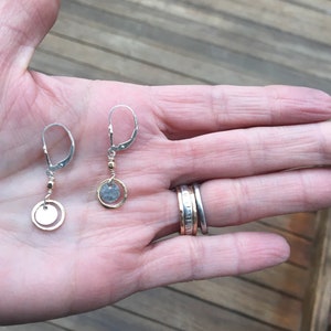 Tiny sterling gold dangles, hammered circle earrings, petite disc, everyday two tone jewelry, leverback, lever back drop. hatchback image 6